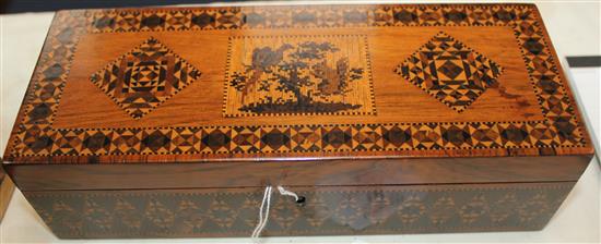 Two Tunbridge ware half square mosaic inlaid rectangular boxes, 9.5in.